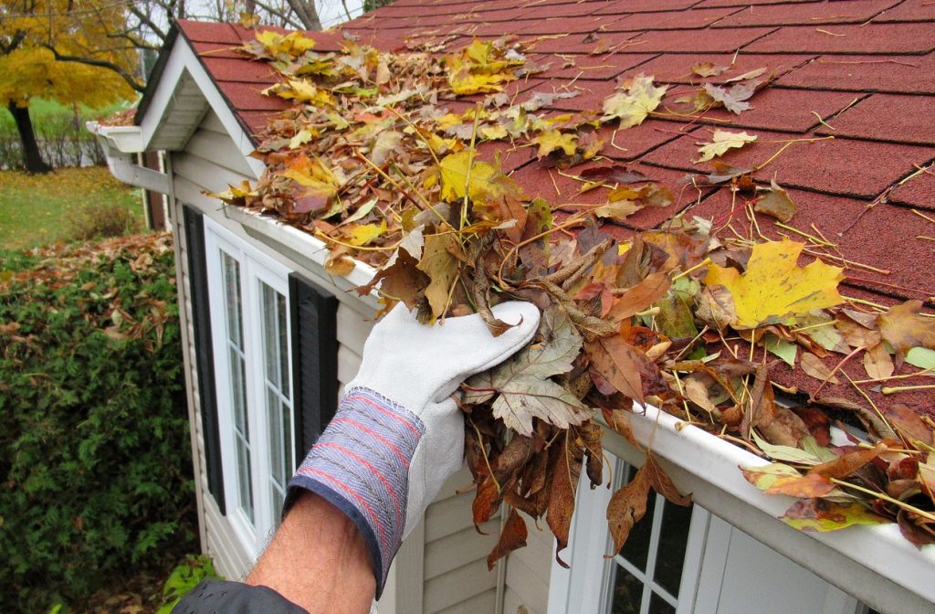 cleaning leaves from a roof top gutter